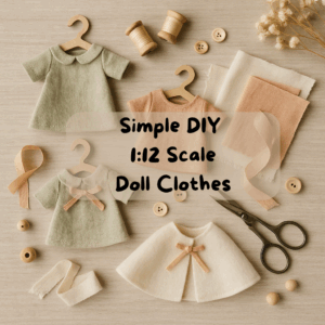 Flat lay image of handmade 1:12 scale dollhouse clothes on a wooden surface, including mini dresses, a cape, sewing supplies, fabric, wooden spools, buttons, ribbon, and scissors. A text overlay reads “Simple DIY 1:12 Scale Doll Clothes” on a transparent beige background.