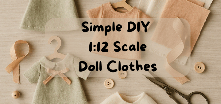 Flat lay image of handmade 1:12 scale dollhouse clothes on a wooden surface, including mini dresses, a cape, sewing supplies, fabric, wooden spools, buttons, ribbon, and scissors. A text overlay reads “Simple DIY 1:12 Scale Doll Clothes” on a transparent beige background.